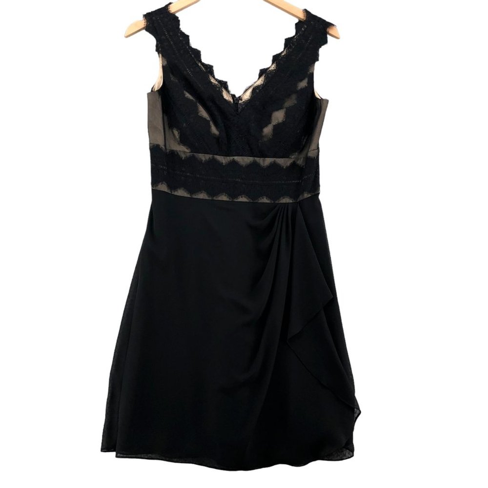 JS Collections Cocktail Dress Womens 10 Petite Black Lace Pleated Drape Chiffon